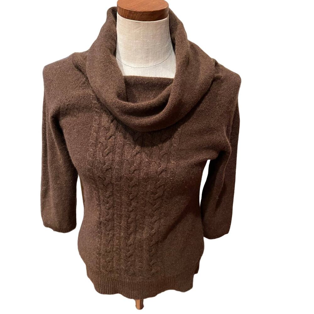 Cowl Neck Cable Knit Cozy Cashmere Sweater Mocha Brown S